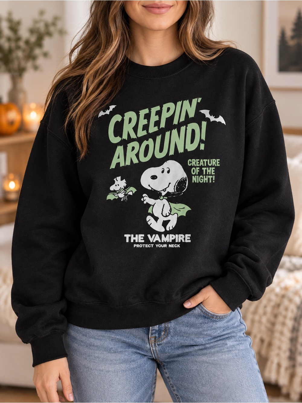 Creepin Around Sweatshirt Vampire Dog Cape Halloween Graphic Crewneck Gildan